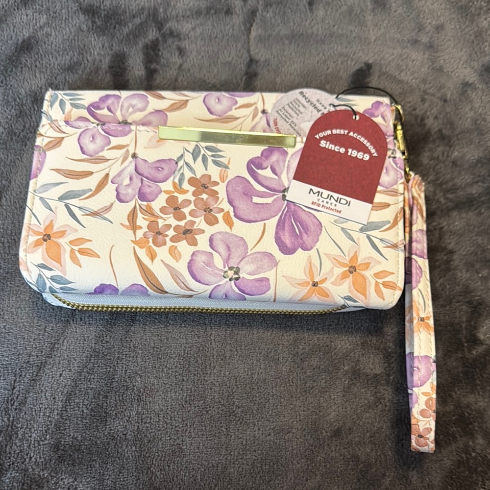 Mundi Cream and Purple Floral Wristlet Clutch